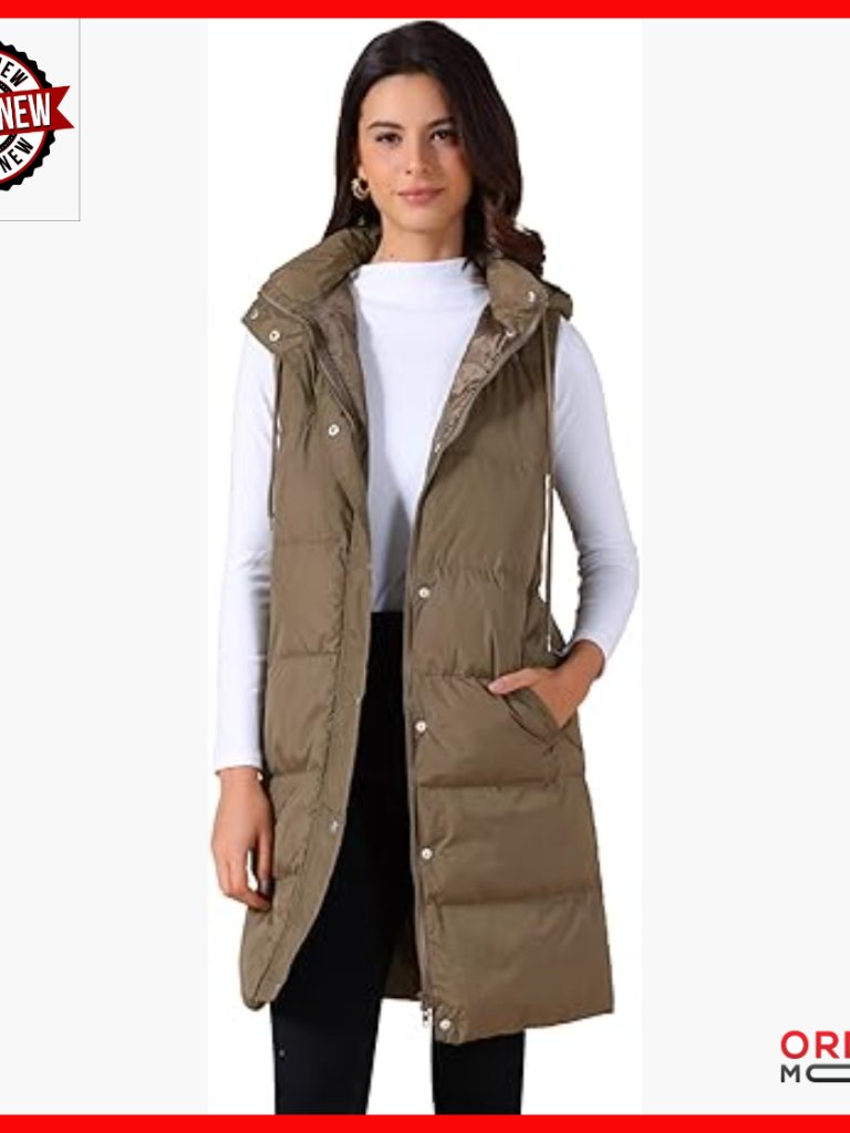 Long Puffer Vest Sleeveless Hooded Down Coat With Pockets Winter Casual